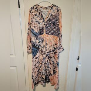 Soft Surroundings Nassau Satin Mix Print Button Up Floral Maxi Dress Multi LP